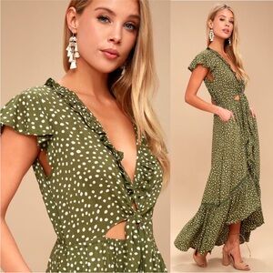 Kivari Capri Spot Tie Up Green White Polka Dot Ruffled High Low Midi Dress Small
